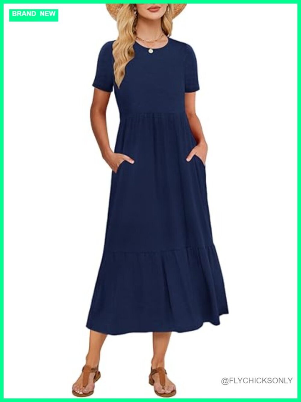 Women's Flowey Maxi Dress with Pockets Crew Neck Short Sleeve Swing Tiered